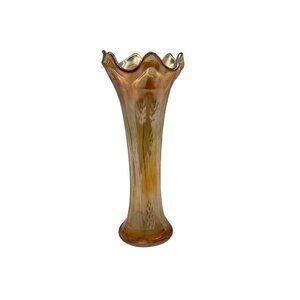 Dugan Vintage Carnival Glass 8" Vase with Embossed Leaves and a Stretch Look MCM